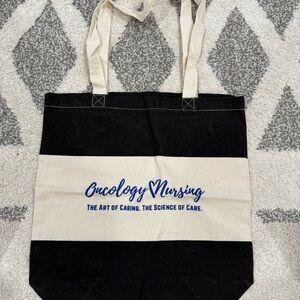 Oncology Nursing Striped Canvas Tote - Blue Script